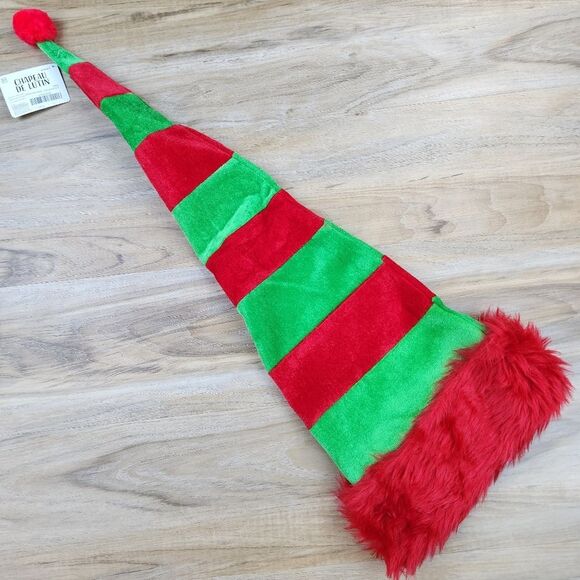 🔹️NWT Red & Green Striped Adjustable Wired Extra Long Elf Hat One Size - Picture 3 of 9